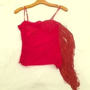 Bebe Red fringe with rose embroidery top
